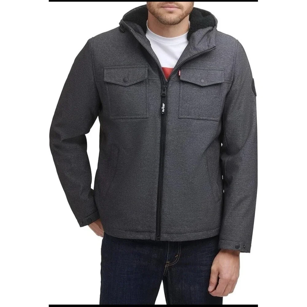 Levi's Men's Soft Shell Hooded Storm Coat Graphite‎ Heather Sherpa XX Large NWOT